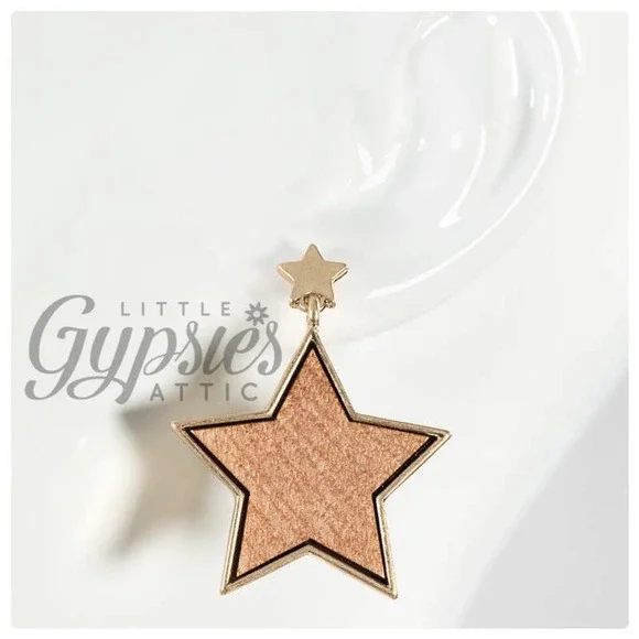 Wooden Stars in Gold Earrings - Picture 3 of 6
